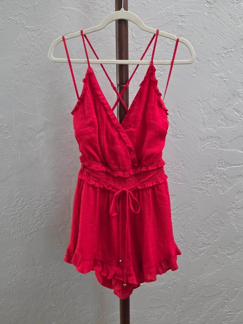 R64. Vibrant Red‎ Ruffled Surplice Romper